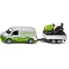 Image de SIKU 2005 VW T6 avec Tracteur Tondeuse, 1:50, Portes ouvrables, remorque avec Fonction basculante, pneus en Caoutchouc, carrosserie en métal, Argent-Vert, Ensemble de Jouets de Jardinage