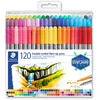 Image de Staedtler Feutres à double pointe pour écriture et coloriage, Pointe fine de 0.5-0.8 mm et compacte extra-large de 3 mm, Étui plastique avec 120 couleurs lumineuses différentes, 3200 TB120