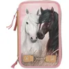 Image de Depesche 13187 Miss Melody Dusty Rose Trousse à 3 Compartiments garnie en Vieux Rose, avec Motif Cheval et Fermeture décorative, Trousse avec Crayons de Couleur, règle, Ciseaux, etc., Multicolore,