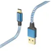 Image de Hama Câble USB-C de charge et transfert de données Reflective (USB-A 2.0 mâle vers USB-C mâle, câble blindé, anti-torsion, Fiche Aluminium plaqué or, Gaine nylon tressé robuste, 1.5 m) Bleu