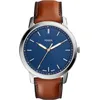 Image de Fossil Minimalist Watch for Men, Quartz Movement with Stainless steel or Leather strap, Bleu et marron
