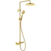 Image de Système de douche Duravit, douche de tête avec 3 types de jets (Rain, IntenseRain, SoftRain), réglable en angle, kit de douche facile à nettoyer, doré poli