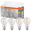 Image de Osram LED BASE A60, pack avantage de 4 lampes, remplace les ampoules 60W classiques, 6.5W, blanc chaud (2700K), verre filament, non dimmable, forme de poire, E27
