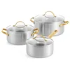 Image de GreenPan Padova 6 pièces acier inoxydable-batterie de cuisine avec couvercles en verre, faitouts et casseroles, triple couche, compatible induction, poignée dorée en acier inoxydable