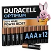Image de DURACELL Optimum Piles AAA (Lot de 12)   Piles Alcalines 1,5V   +200 % d’actifs Power Boost   Répondent aux exigences des appareils modernes 100 % Recyclables, 0 % de plastique dans l’emballage MX2400