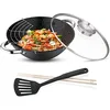 Image de RENBERG Wok Wasabi | Poêle à wok avec revêtement en marbre et couvercle en verre | Fonctions et accessoires multiples | Wok en fonte | Compatible avec les plaques à induction, 28x40x12 cm