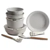 Image de BERGNER Batterie de cuisine avec poignée amovible 2 Poêles à frire, 2 Casseroles, Poêle à frire, 2 Couvercles et 2 Ustensiles - En fonte d'aluminium - Revêtement antiadhésif beige marbré