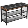 Image de VASAGLE Banc à Chaussures, Banquette Rembourrée avec Étagères en Maille, Rangement à Chaussures, Couloir, Entrée, Gain de Place, Métal, Industriel, Similicuir Noir, Marron Rustique LBS75X