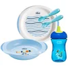 Image de Chicco Coffret Repas 12M+, contient 1 tasse, 2 assiettes et couverts, fourchette et cuillère, set de sevrage pour tout-petits, bleu clair, enfant Bleu aléatoire