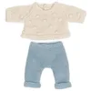 Image de Miniland Dolls : Ensemble de vêtements en Tricot, fabriqué avec des matériaux recyclés, pour poupée bébé de 21 cm. Modèle : Pull à Pois Blanc et Pantalon Bleu.