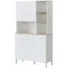 Image de Habitdesign Modèle Kira Meuble d'appoint de cuisine 5 portes + 1 tiroir Finition blanche « Artik » et chêne canadien, dimensions : 186 x 108 x 40 cm (H x l x P).