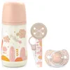 Image de Suavinex, Coffret Cadeau Nouveau-Né SX Pro, pour Bébés 0-6 Mois. Contient un Biberon Débit Moyen (M) 270 ml + Sucette SX Pro en Silicone 0/6 Mois + Attache - Sucette avec Ruban. Coffret Biberon Rose