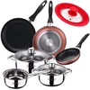 Image de Batterie 5 pièces en acier inoxydable : casserole Ø16 x 7,5 cm, casseroles Ø18 x 8,5 cm et Ø20 x 9,5 cm. + Lot de 3 poêles Ø162024 cm, aluminium pressé, induction + couvercle universel (16 18 20