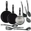 Image de Well Home Ensemble de 3 poêles Ø16Ø20Ø24cm en aluminium embouti gris métallisé + 6 ustensiles de cuisine en PBT couleur noire