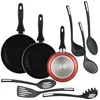 Image de Well Home Ensemble de 3 poêles Ø16Ø20Ø24cm en aluminium embouti cuivre métallisé + 6 ustensiles de cuisine en PBT couleur noire