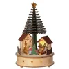 Image de Lumineo Village en bois à LED avec scène d'arbre, 25 cm de haut, musical, LED blanc chaud, arbre rotatif