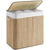 Image de SONGMICS Panier à Linge 150L, Corbeille Linge Sale 3 Compartiments de Tri, Couvercle en Bambou, Poignées, Pliable, Sac Amovible Lavable en Machine, pour Buanderie, Chambre, Couleur Boisée LCB091N01