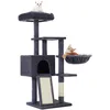 Image de FEANDREA Arbre à Chat, Tour de Jeux, Hauteur 135 cm, Niche Multi-Niveaux, en Tissu Peluche, avec Housse Amovible et Lavable, Griffoir et Planche à Griffer, Panier, Niche, Gris Foncé