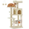 Image de Feandrea Arbre à Chat Hauteur 112 cm, Tour de Jeux pour Chats, avec 4 Poteaux à Griffer, 2 Plateformes, 1 Niche, 1 Hamac, 2 Pompons, en Tissu Peluche, Multi-Niveaux, Beige PCT261M01