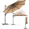 Image de SONGMICS Parasol de Jardin 300 cm, 28 LED Solaires, UPF 50+, Parasol d Extérieur, Pivotant à 360°, Inclinaison Fluide, Manivelle, avec Base en Croix, Marron Chameau GPU047K11