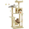 Image de Feandrea Arbre à Chat Hauteur 143 cm, Tour de Jeux pour Chats, avec 4 Poteaux à Griffer, 2 Plateformes, 1 Niche, 1 Hamac, 2 Pompons, en Tissu Peluche, Multi-Niveaux, Beige PCT161M01