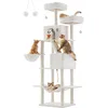 Image de Feandrea Arbre à Chat, Hauteur 206 cm, avec 13 Griffoirs, 2 Plate-forme, 2 Niches, Panier, Hamac, Pompon, Tissu Peluche, Multi-niveaux pour Chat d'Intérieur, Blanc Crème PCT190T01