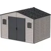 Image de Duramax WoodBridge II PLUS 10.5 x 8 (7.64 m²) Abri de jardin en plastique avec kit de fondation et 2 fenêtres fixes - Structure de toit en métal robuste, Sans entretien, Gris foncé/ Adobe