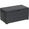 Image de Duramax Cedargrain Durabox 416 Litre/ 110 Gallon coffre de rangement de jardin en plastique pour terrasse, coffre à coussins en plastique avec cylindre hydraulique, boîte de patio, Gris foncé