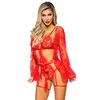 Image de Leg Avenue 3 Pc Eyelash Garter Teddy with G-String Back Adjustable Straps, Lace Robe, and Ribbon Tie Ensemble de Lingerie, Rouge, M Femme