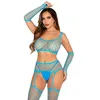 Image de Leg Avenue Haut Court en Filet 3 pièces pour Femme, Bas Porte-Jarretelles et Gants Assortis, Bleu Fluo, Taille Unique