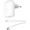 Image de Belkin Chargeur Secteur USB-C 30 W avec câble USB-C vers Lightning, PPS, Power Delivery, certification USB-IF PD 3.0, recharge rapide pour iPhone 14, 13, 12, 11, X, SE, 8, 7, iPad