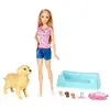 Image de Barbie Famille poupée blonde Naissance des Chiots avec chien articulé, trois figurines et accessoires, jouet pour enfant, FDD43